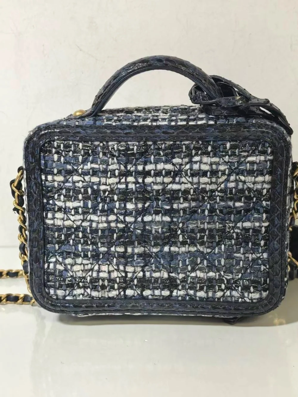 CHANEL Black and White Tweed Vanity Crossbody with Gold Chain